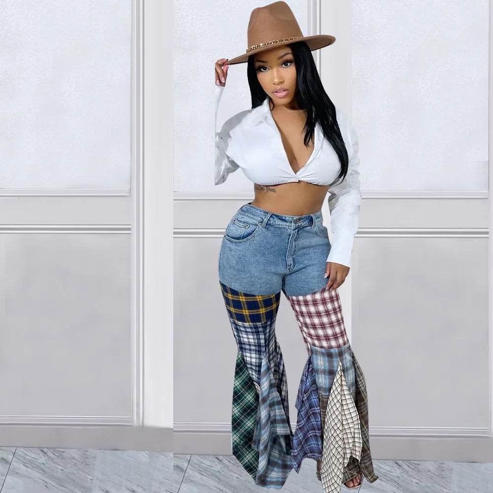 FZ Women's Ruffle Plaid Patchwork Hight Waist Skinny Flare Pleated Denim Pants - FZwear