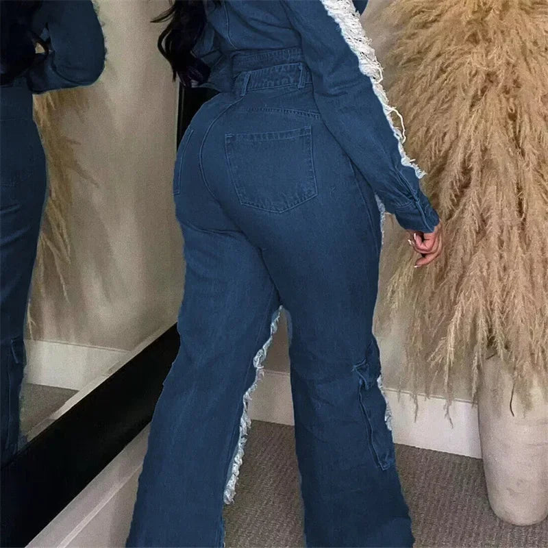 FZ Women's Hollow Out Broken Holes Patchwork  High Waist Denim Pants