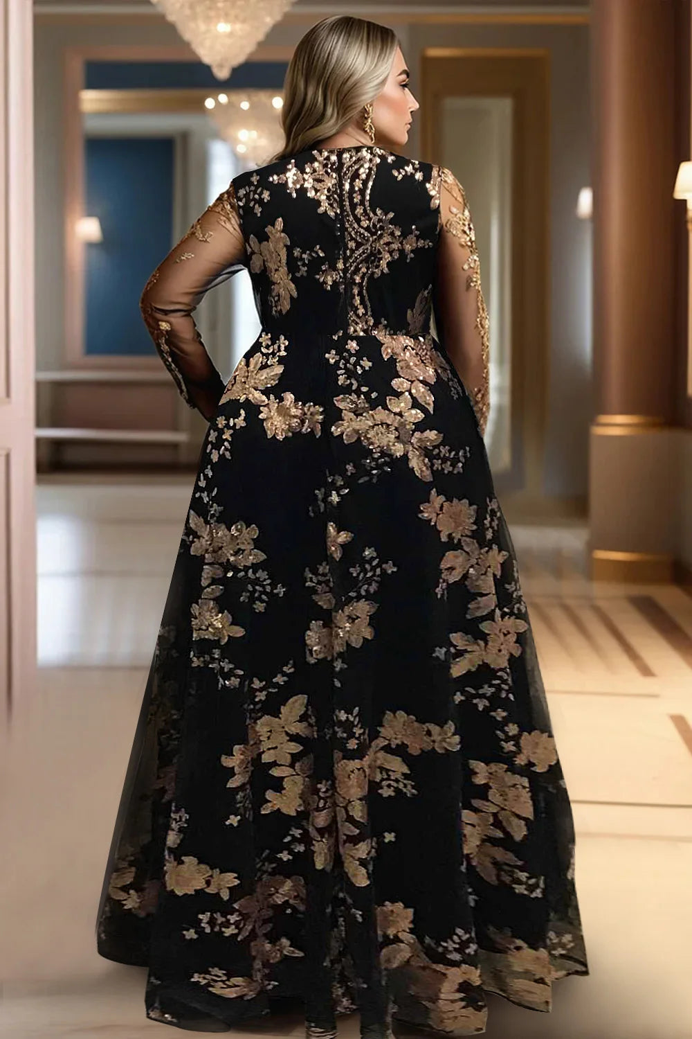 FZ Women's Plus Size V Neck Split See Through Long Sleeve Tulle Maxi Dress