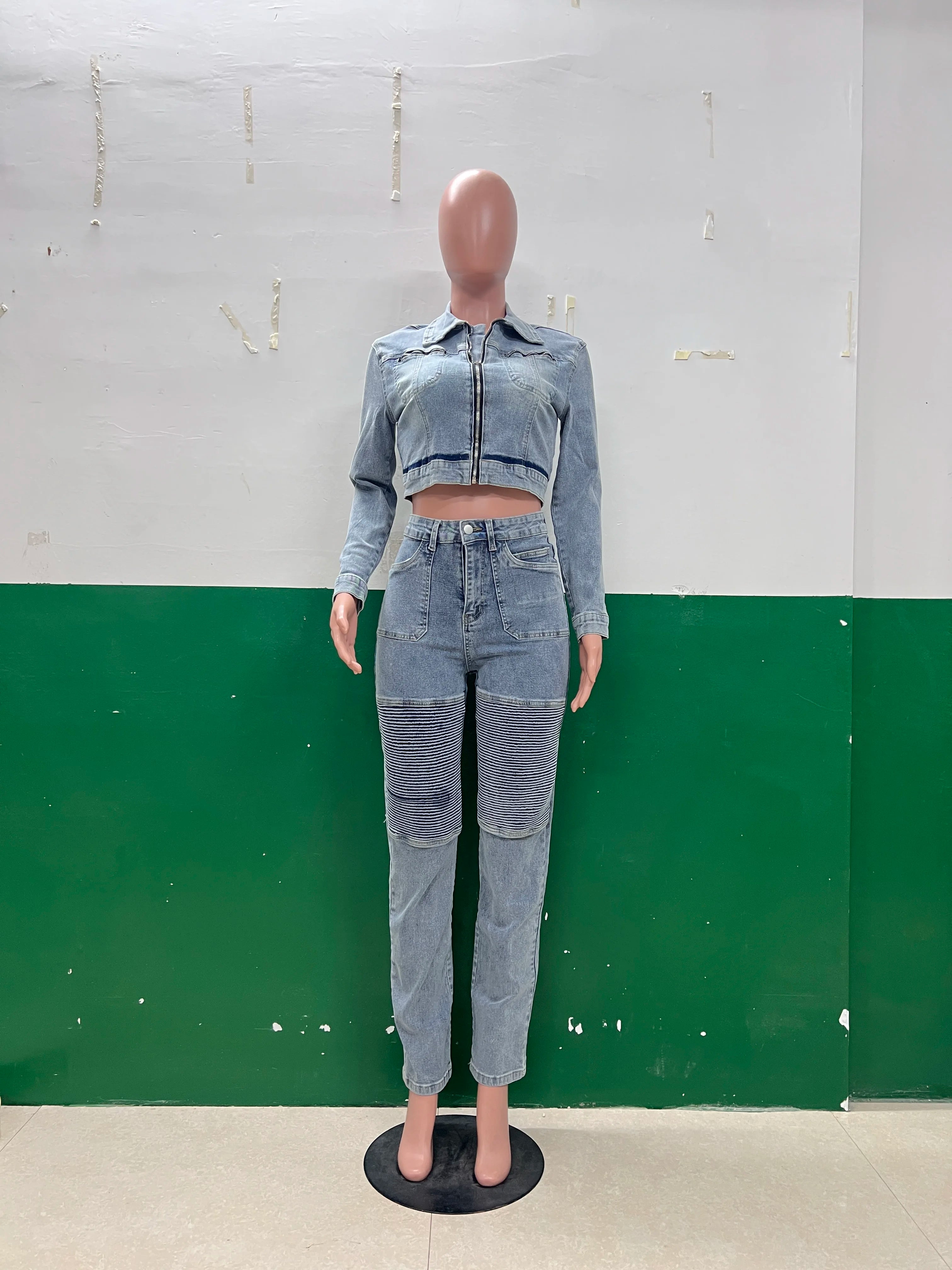FZ Women's  Y2K Streetwear Pencil Two Piece Denim Pants Suit