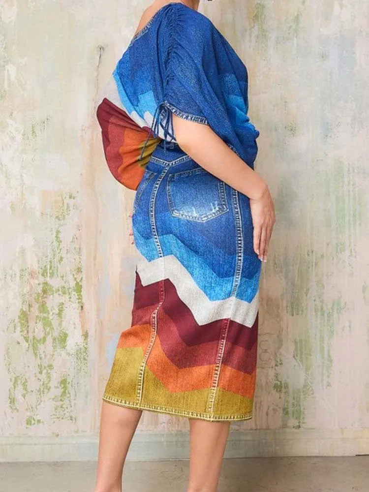 FZ Women's Streetwear Open Split 2 Piece Denim Print Skirt Suit