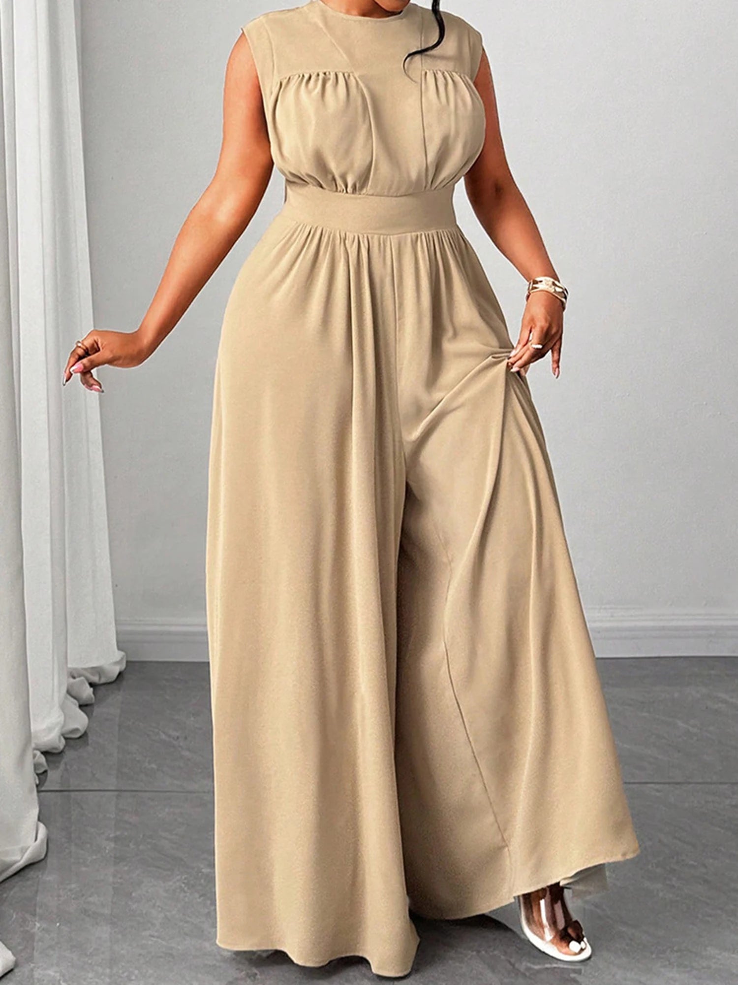 FZ Women's Plus Size Floral Print V-Neck Sleeveless Wide-Leg Jumpsuit