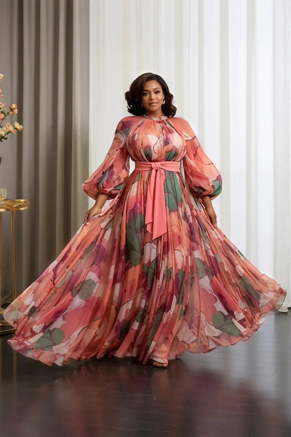 FZ Women's Plus Size Multicolor Floral Lantern Sleeve Pleated Chiffon Maxi Dress