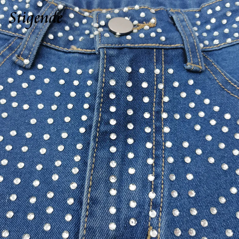 FZ Women's Rhinestone Cut Out Slim Fit Sequin Denim Shorts