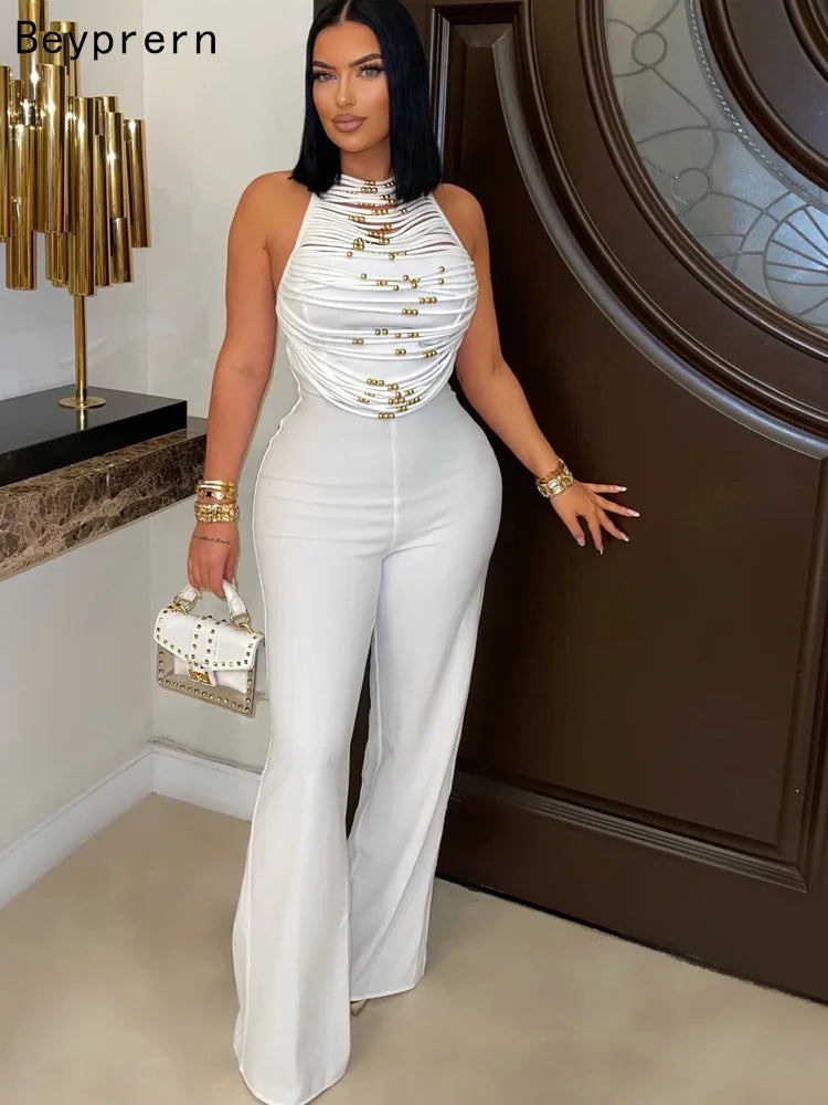 FZ Women's Beaded Fringed Palazzo Backless Fitted Wide Legs Jumpsuit