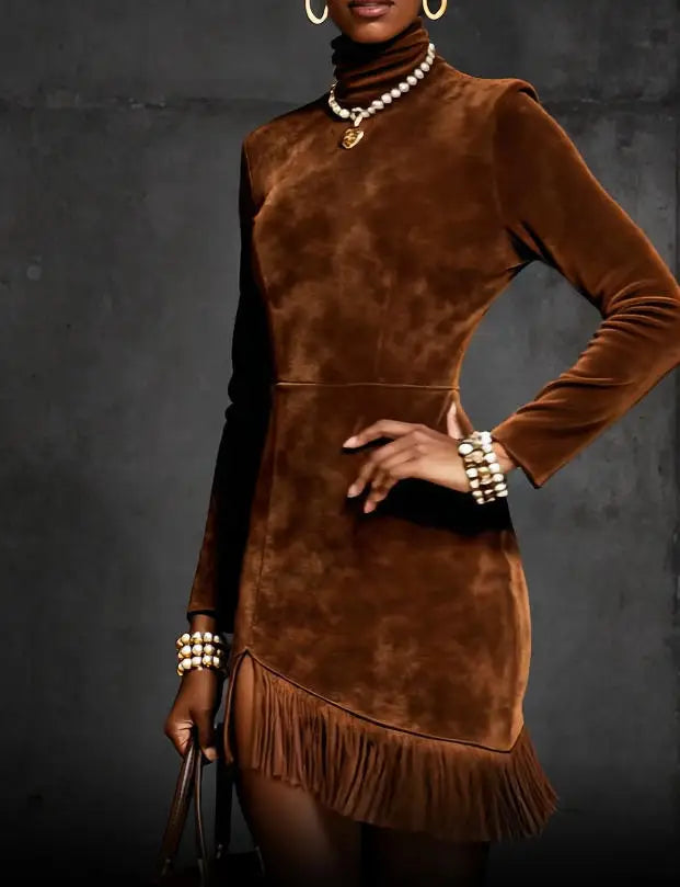 FZ Women's Suede Faux Leather Turtleneck Tassel Trim Slim Mini Dress