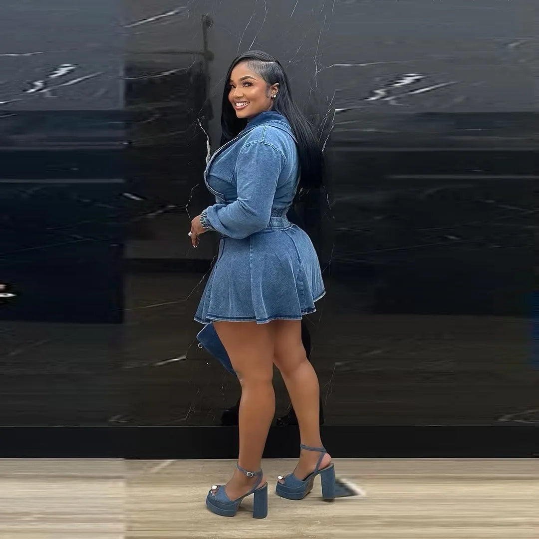 FZ Women's Long Sleeve Hooded Pleated Two Piece Denim Skirt Suit