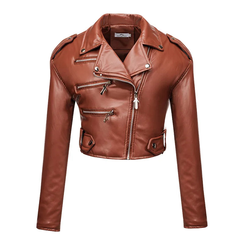 FZ Women's high waist long sleeve lapel diagonal zipper PU leather jacket