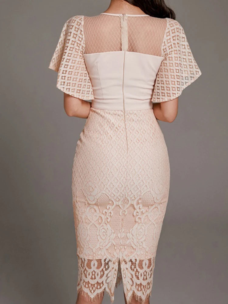 FZ Women's Temperament Lace Sheer O-Neck Slim Midi Evening Dress