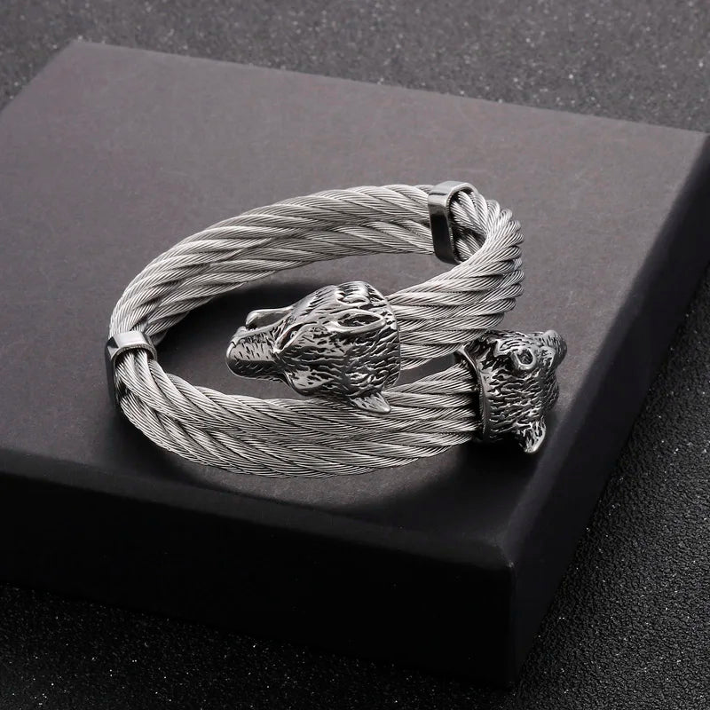 Fongten Punk Wolf Open Bracelets For Men Rotre Stainless Steel Twist Cable Animal Head Wristband Men Bangles Hip Hop Jewelry FZwear