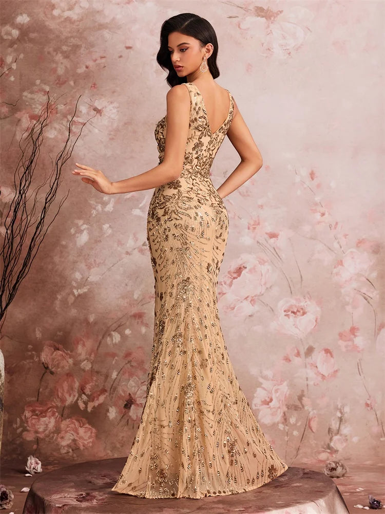 FZ Women's V-neck Slit Sequin Mermaid Deep Cocktail Evening Dress