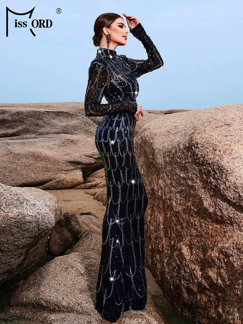 FZ Women's High Neck Sequin Mermaid Cocktail Maxi Evening Dress