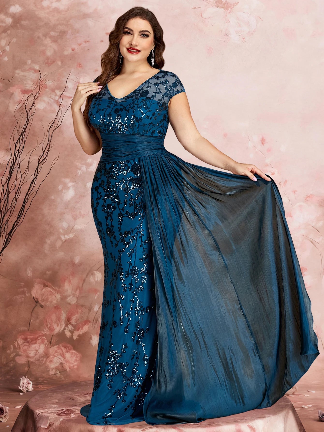 FZ Women's Plus Size Cap Sleeves Sequins Patchwork Evening Dress