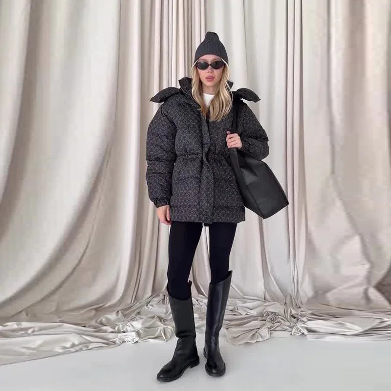 FZ Women's Padded Printed Outerwear Waist-Cinching Coat Jacket