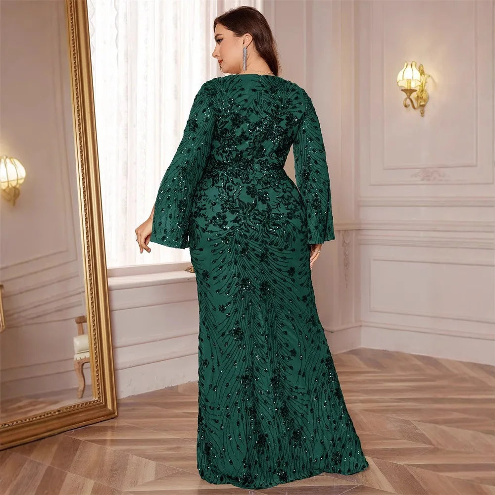 FZ Women's  Plus Size Embroidery Long Sleeve Mermaid Sequins Evening Dress