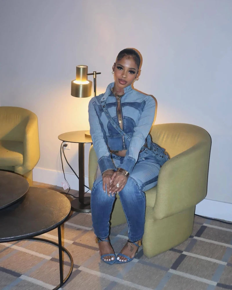 FZ Women's Two Tone Streetwear Washed 2 Piece Denim Pants Suit