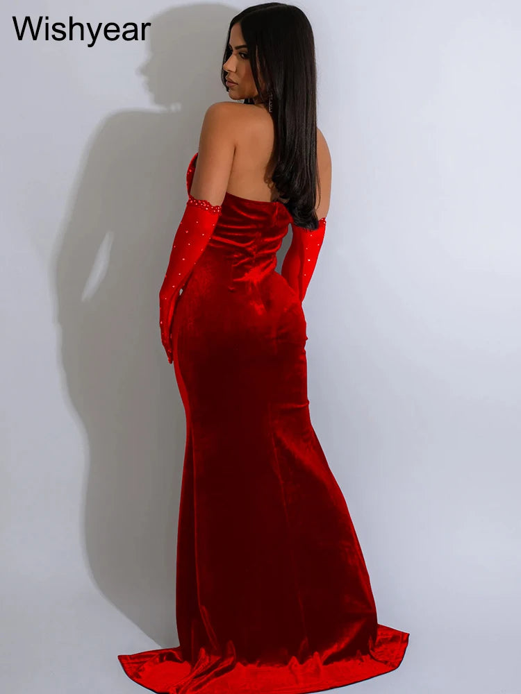 FZ Women's Lace Patchwork Mesh Cuff Velvet High Split Mermaid Maxi Evening Dress - FZwear