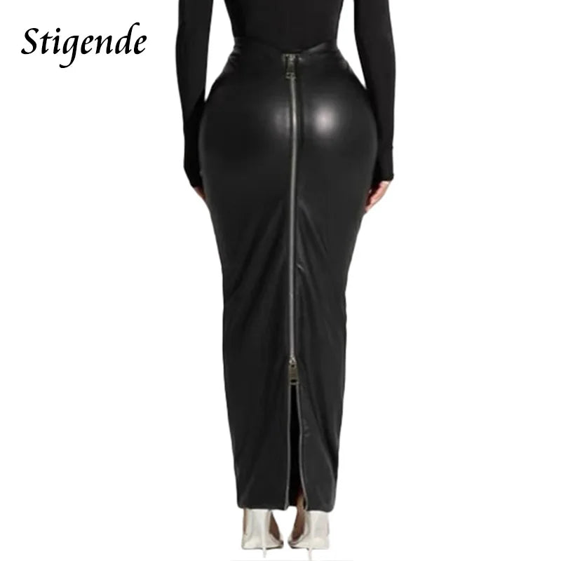 FZ Women's Sexy Pu Leather High Split Black Slim Fit Maxi Skirt DSers