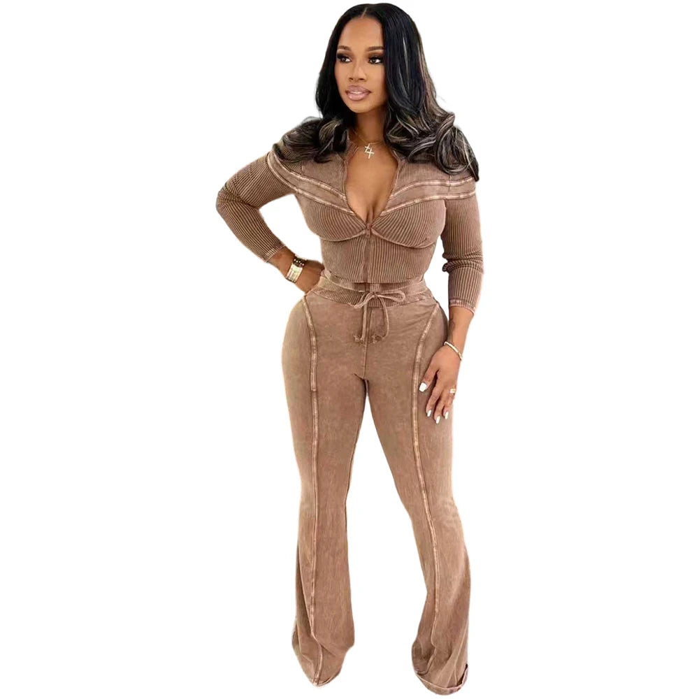 FZ Women's Acid Washed Long Sleeve Zip Flare Pants Suit