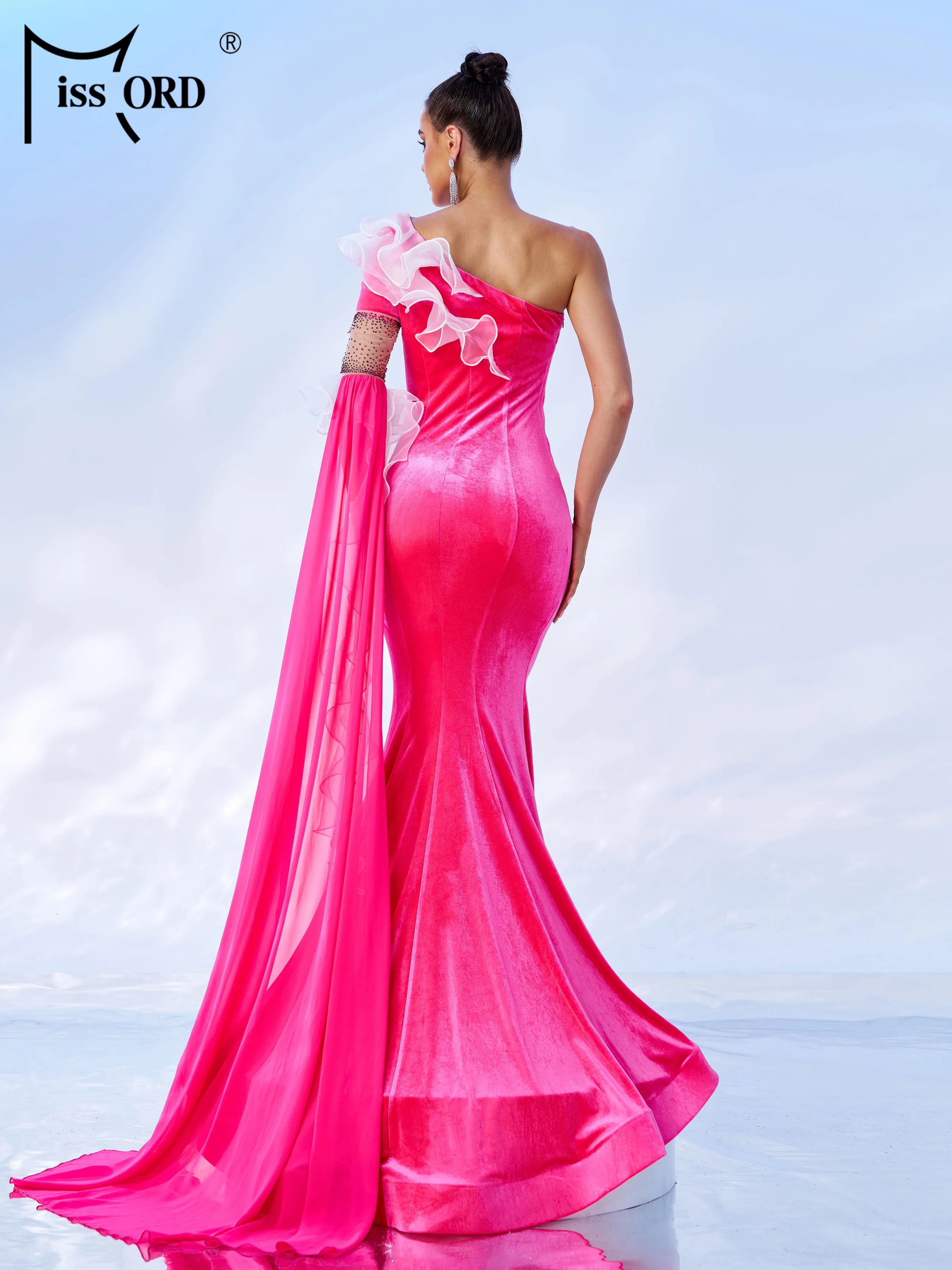 FZ Women's One Shoulder Asymmetrical Velvet Floor Length Evening Dress