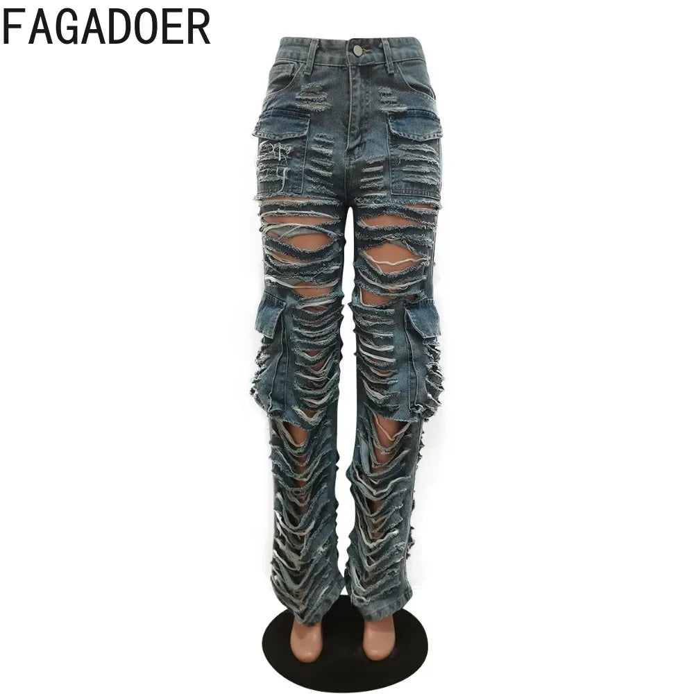 FZ Women's Fashion Y2K High Waisted Button Hole Straight  Denim Pants - FZwear