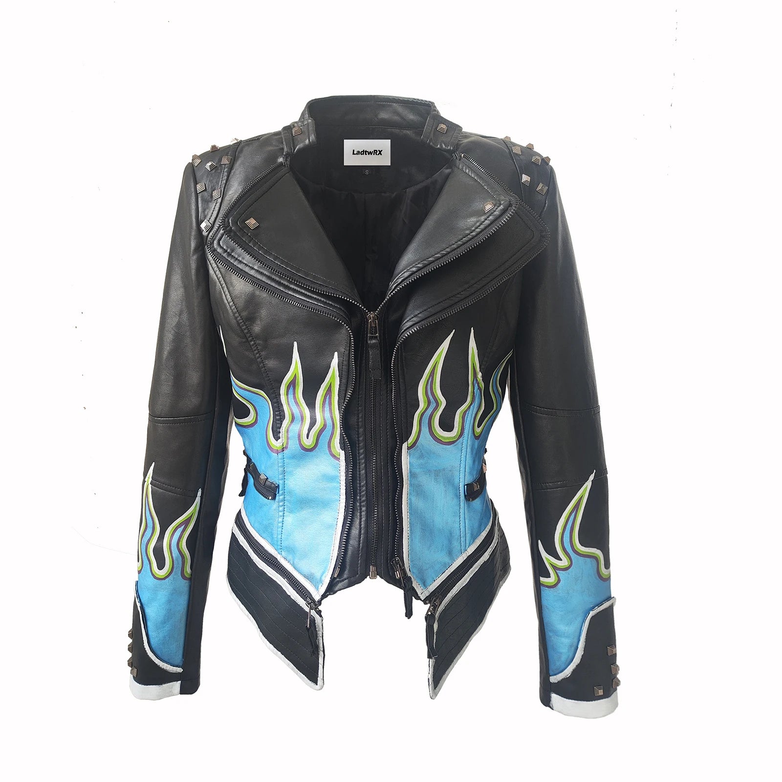 FZ Women's Flame Painting Faux Leather Studded Moto Streetwear PU Jacket