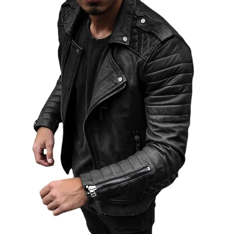 FZ Men's Slim Lapel Locomotive Men PU Leather Jacket