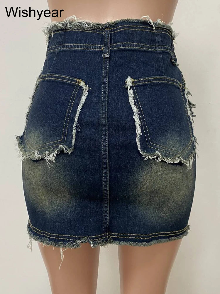 FZ Women's Heart Print Embroidery Ripped High Waist Mini Denim Skirt