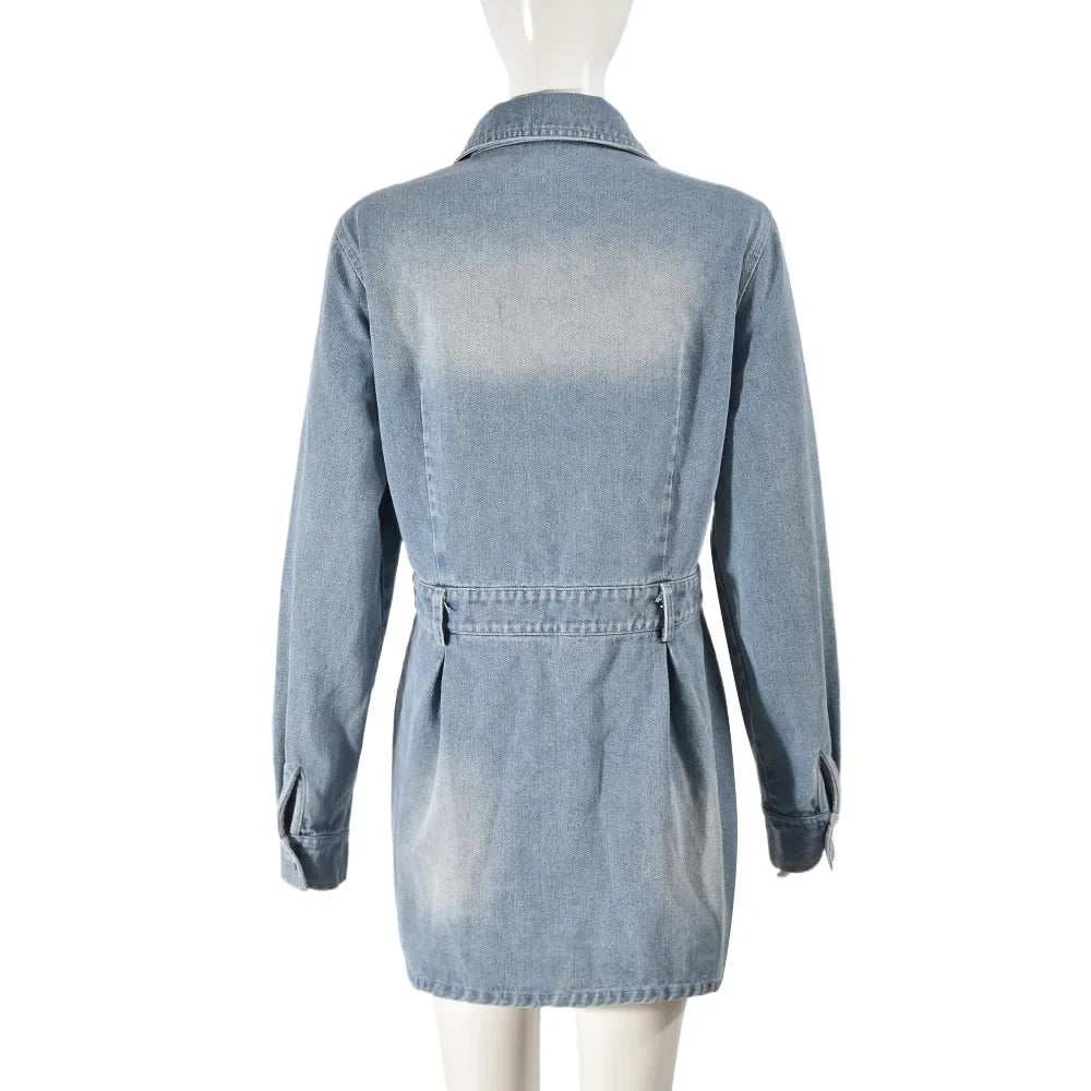 FZ Women's Single Breasted Turn-down Collar Denim Dress