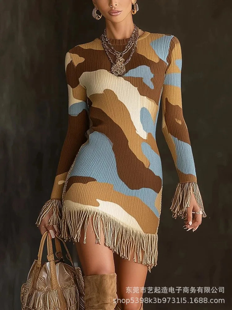 FZ Women's Retro Print Tassel Slim Fit O Neck  Mini Knitted Sweater Dress