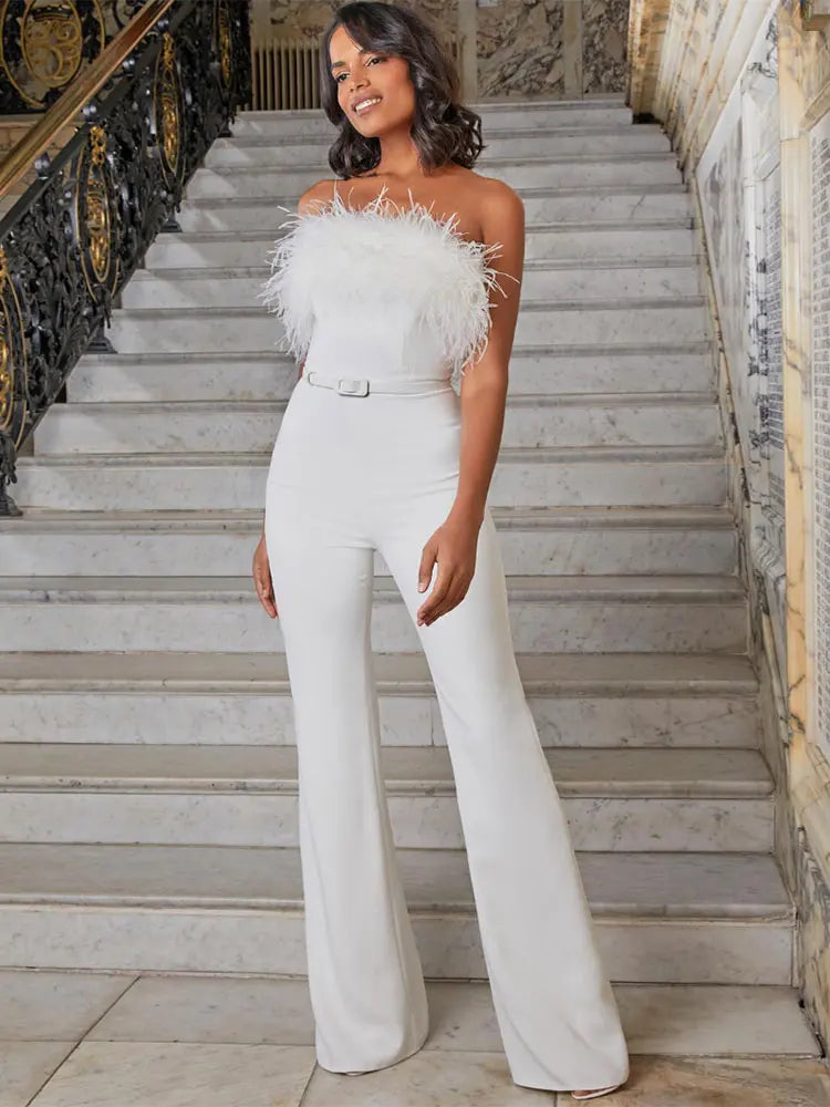 FZ Women's Strapless Sleeveless Off Shoulder Feather Jumpsuit - FZwear