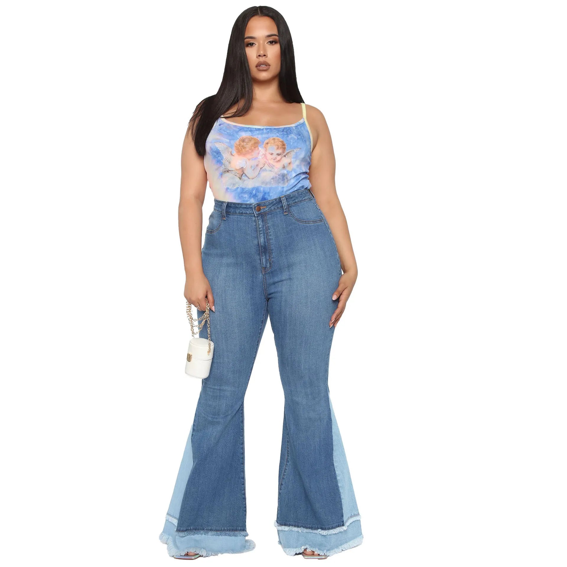 FZ Women's Plus Size Boot Cut Patchwork High Waist Distressed Washed Vintage Denim Pants
