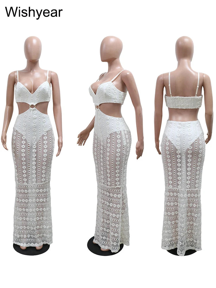 FZ Women's Spaghetti Strap V-Neck Hollow Out Lace See Through Maxi Dress