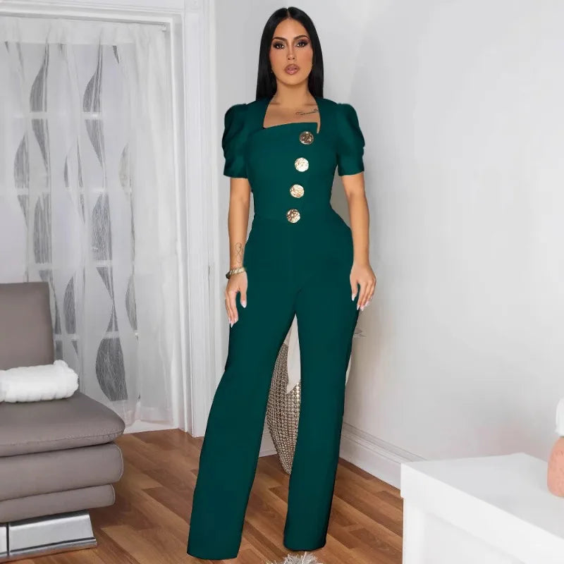 FZ Women's Button Front Puff Short Sleeve Wide Leg One Piece Jumpsuit