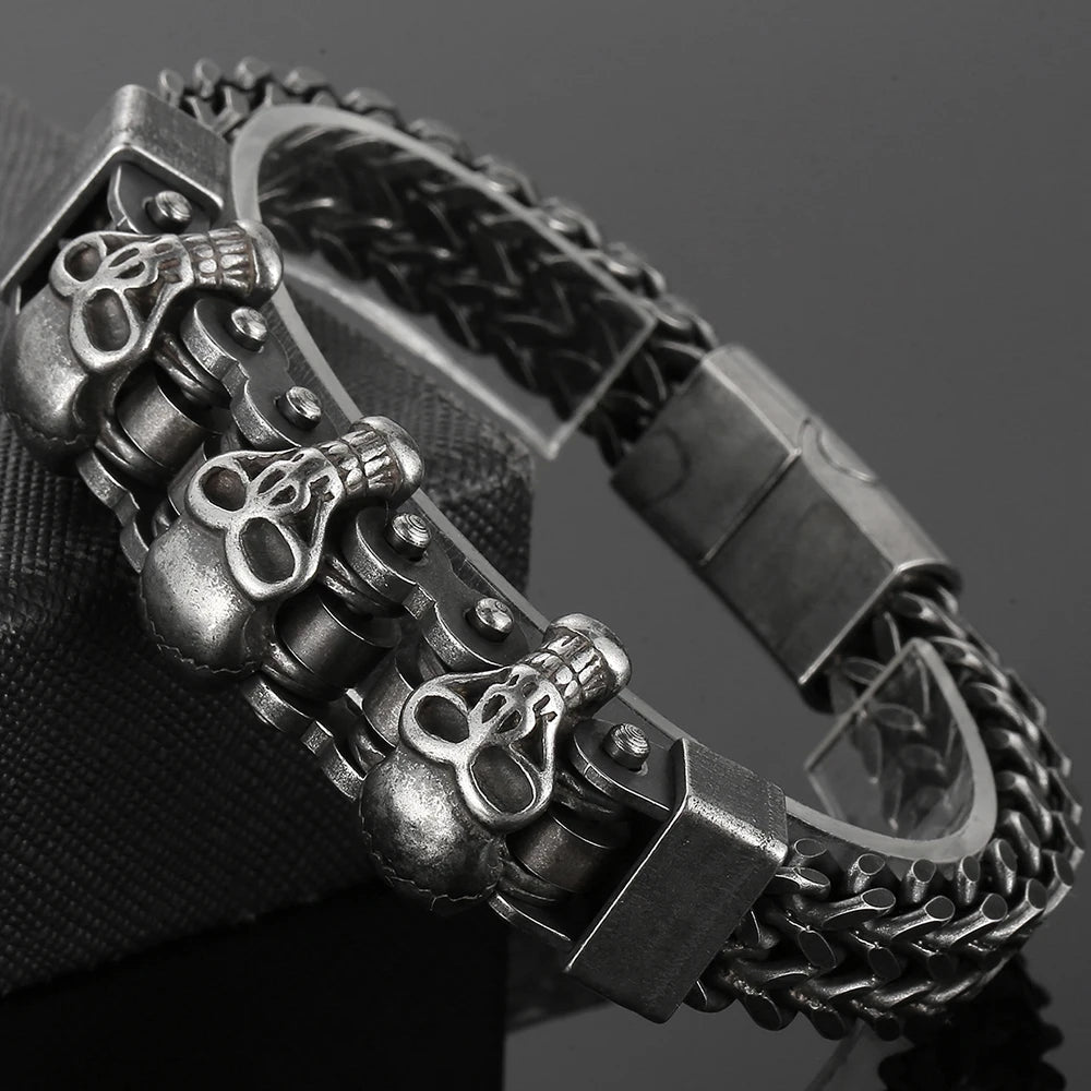 FZ Men's Vintage Black Stainless Steel Steampunk Skull Head Bracelet