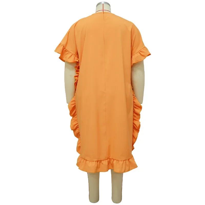 FZ Women's Plus Size Side Ruffles Short Sleeve Midi Streetwear Dress