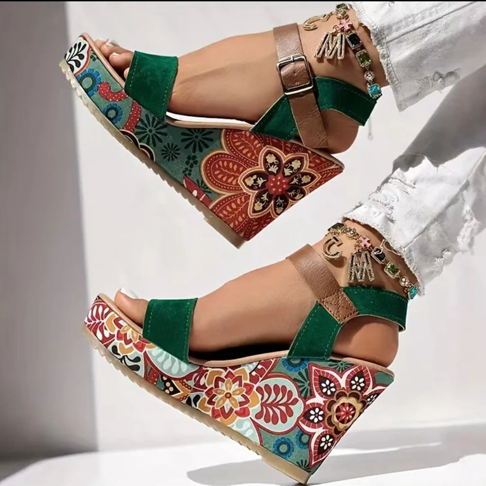 FZ Women's Floral Print Suede Bohemian Wedge Sandals Shoes