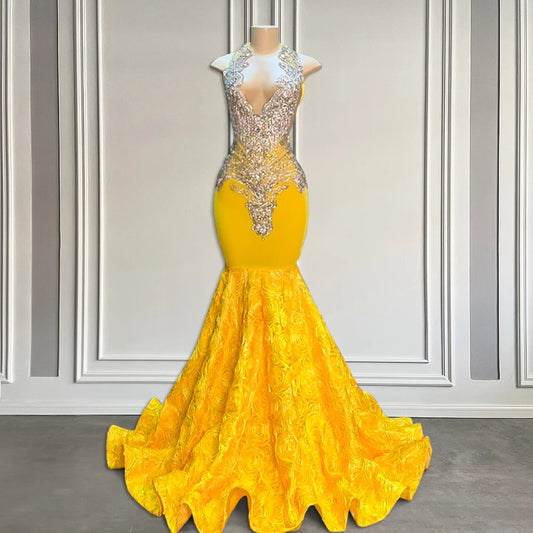 FZ Women's Gorgeous Yellow Long Mermaid Sparkly Silver Beaded Diamonds Evening Dress