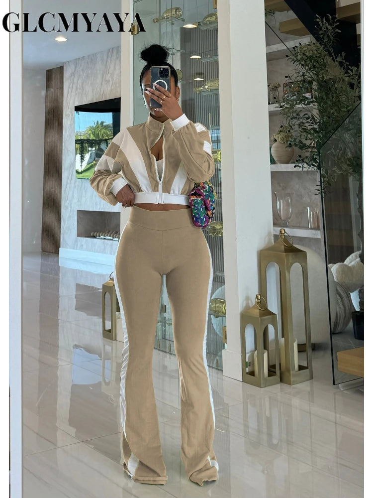 FZ Women's Patchwork Sporty Long Sleeve Wide Leg Pants Suit