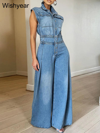 FZ Women's Vintage Loose Denim Wide Leg Pants Jumpsuit