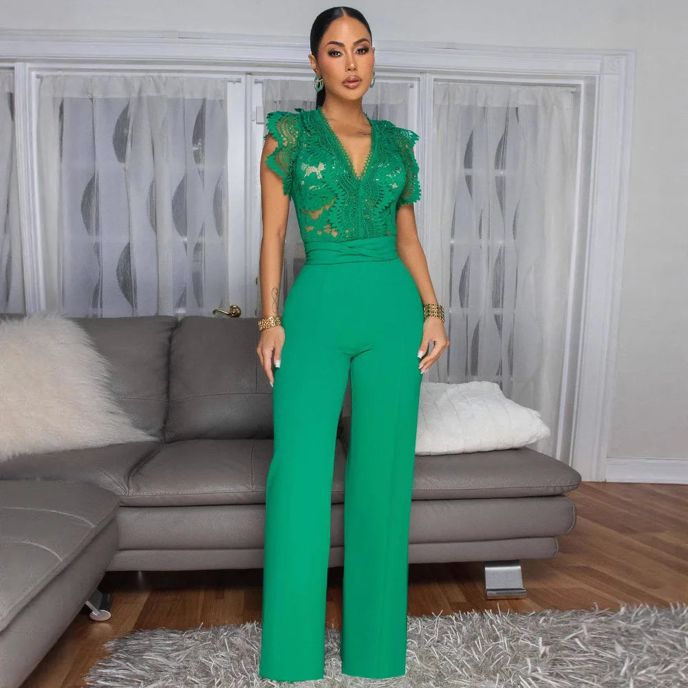 FZ Women's Lace See Though Patchwork Short Sleeve V-neck Jumpsuit