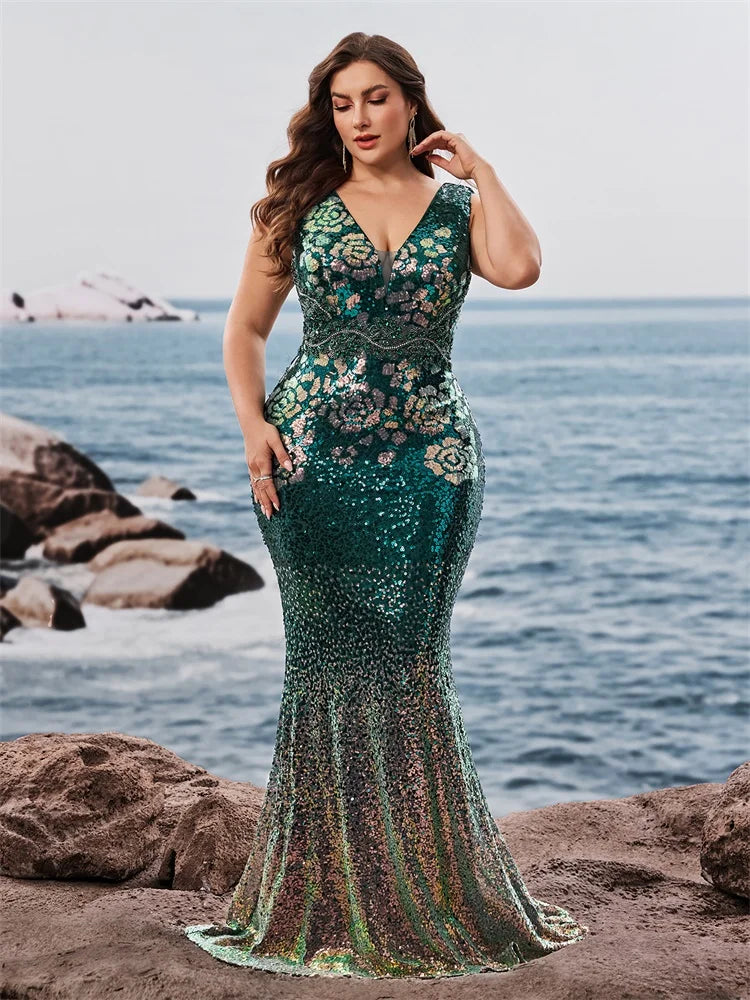 FZ Women's Plus Size V-Neck Mermaid Cocktail Sequins Evening Dress