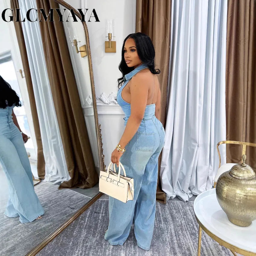 FZ Women's Sleeveless Single Breasted Wide Leg  Denim Jumpsuit