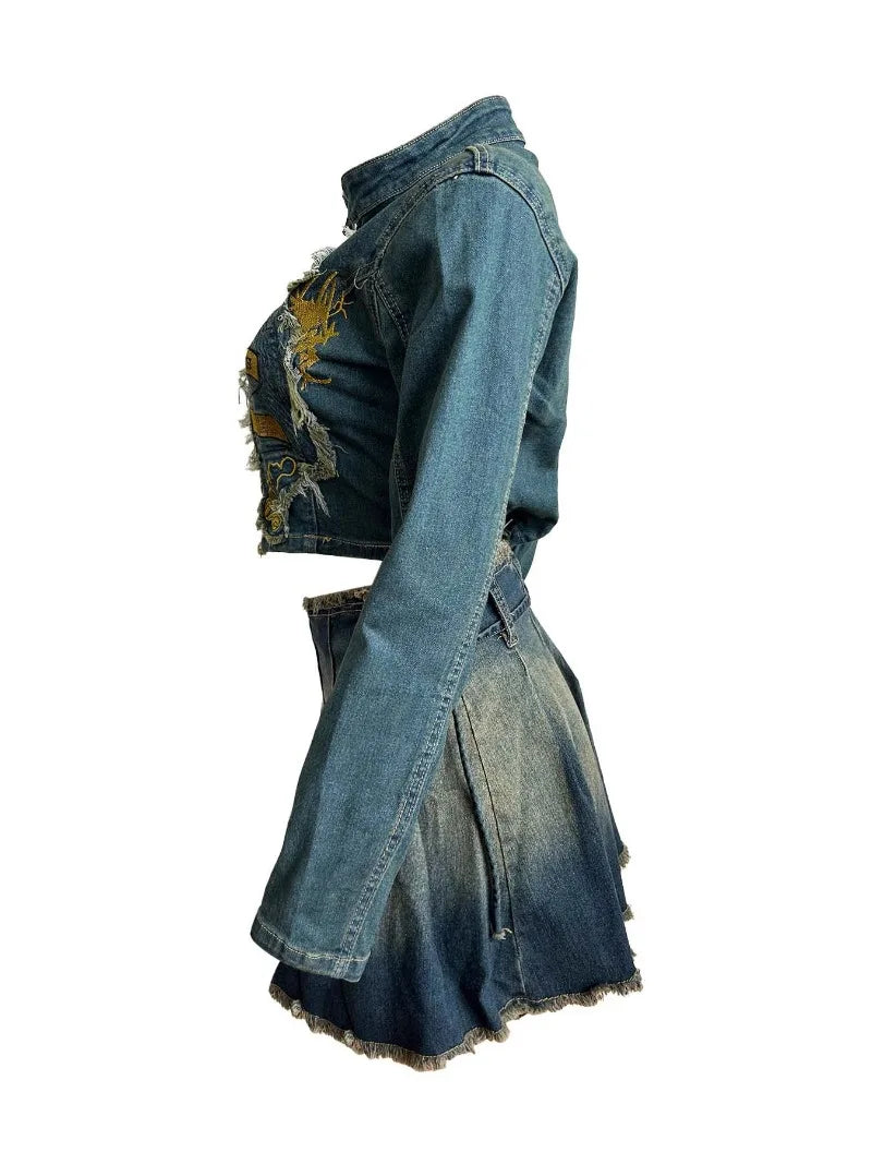 FZ Women's Fashion Letter Embroidery Tassel Denim 2 Piece Mini Pleated Skirts Suit