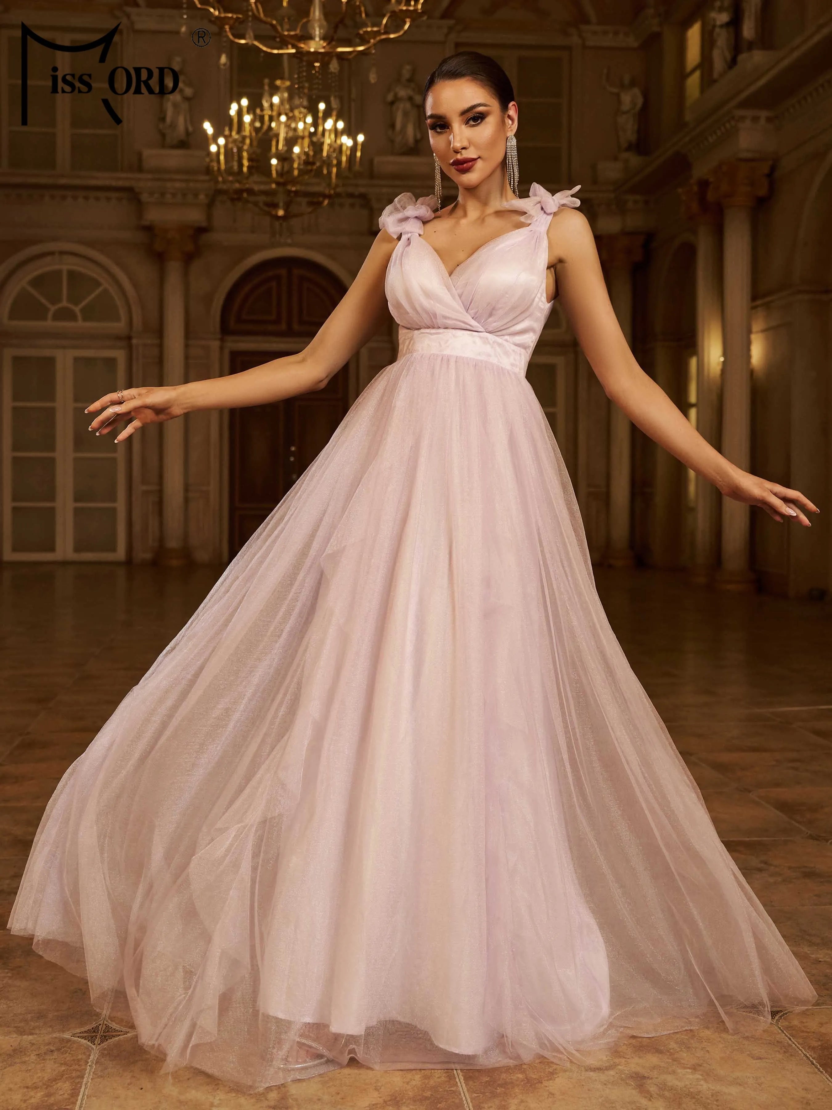 FZ Women's V Neck A Line Tulle Perform Maxi Prom Dress