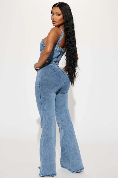 FZ Women's Sexy Strap Wide Leg Pants Flare Denim Jumpsuit