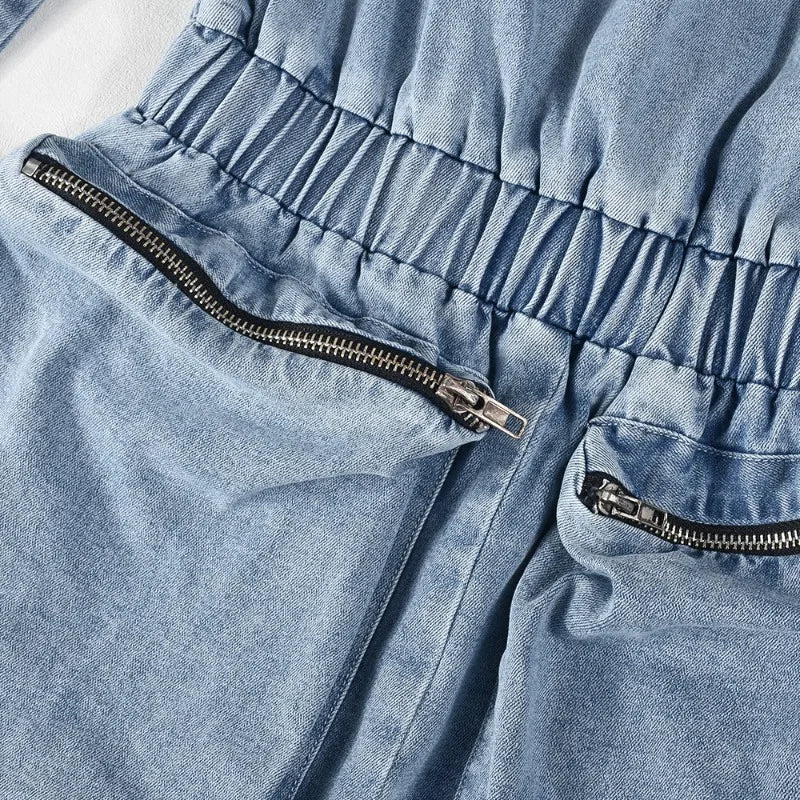 FZ Women's Cargo Elastic Off Shoulder Pockets Ribbon Denim Jumpsuit - FZwear