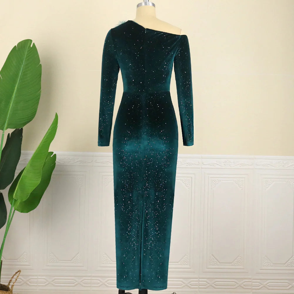FZ Women's Plus Size One Shoulder Sequin Elegant Slim Fit Velvet Evening Dress