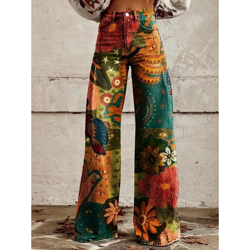 FZ Women's Vintage Flower Print Wide Leg Leopard Aztec Streetwear Bohemia Pants - FZwear
