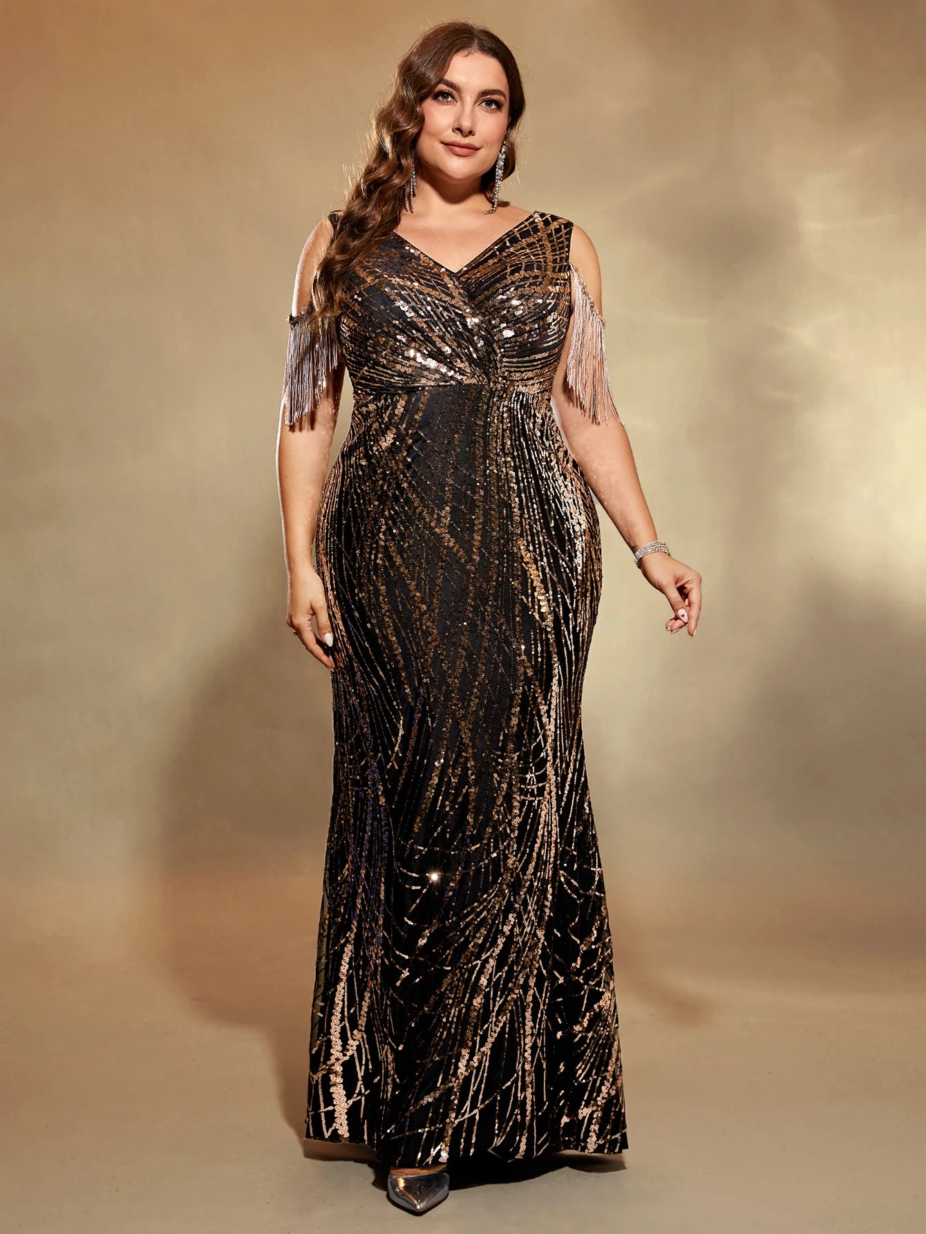 FZ Women's Plus Size Sleeveless Fringed Sequin Evening Dress